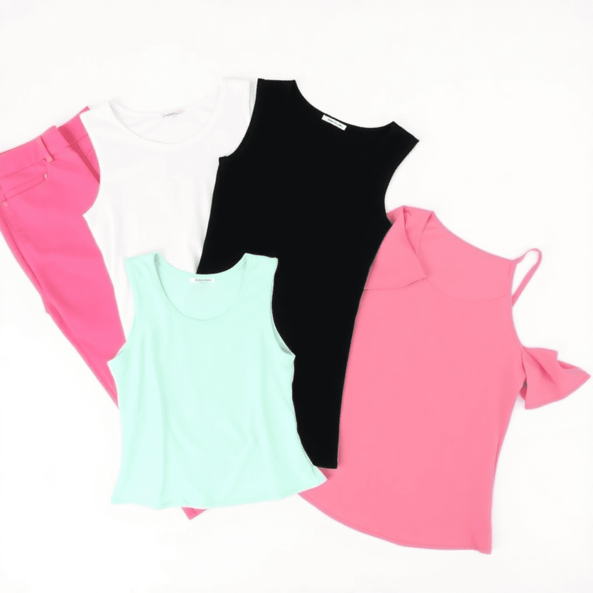 Tata letak datar celana pink dengan atasan putih, hitam, dan hijau mint di latar belakang bersih, menampilkan kombinasi warna pakaian yang stylish.