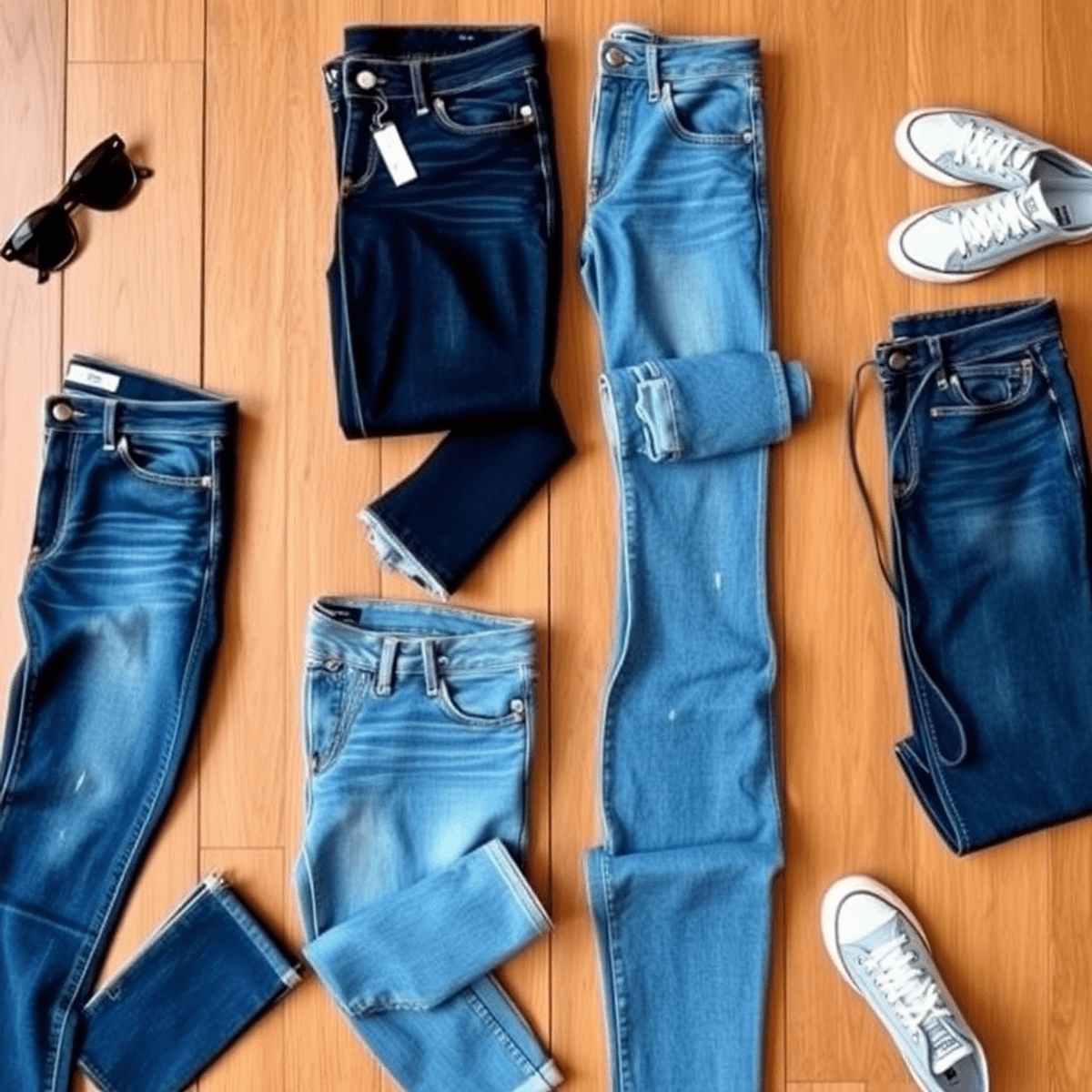 Tata letak datar dari berbagai jenis celana denim dengan kacamata hitam dan sneakers di permukaan kayu, menampilkan tren mode kasual modern.