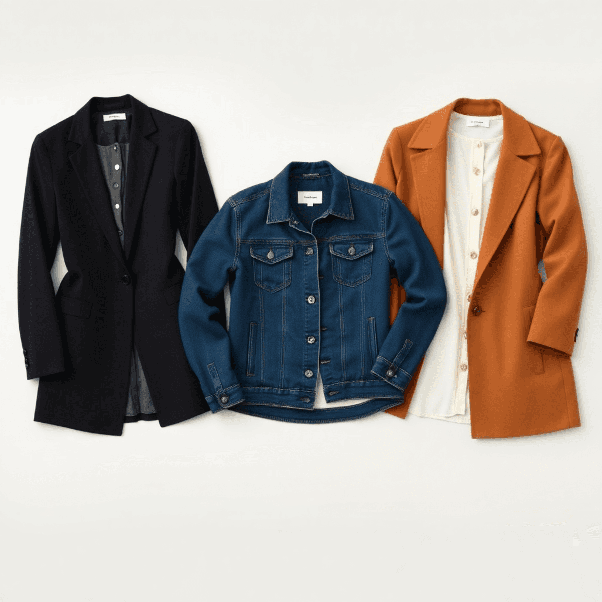 Tata letak datar dari blazer, cardigan, jaket denim, dan mantel yang diatur di atas latar belakang netral yang menampilkan lapisan luar yang serbag...