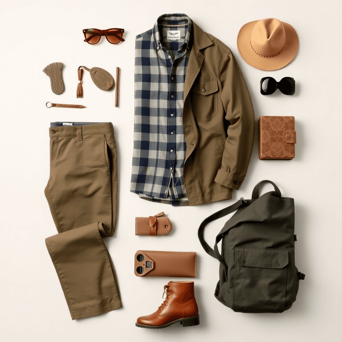 Tata letak datar dari celana chinos khaki, kemeja kasual, jaket, sepatu bot, dan aksesori di latar belakang netral yang menampilkan mode khaki yang...