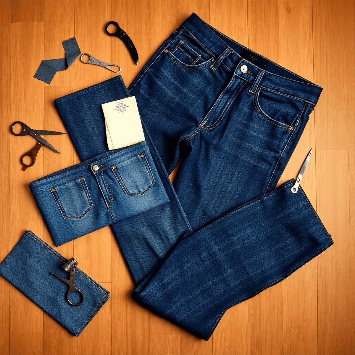 Tata letak datar dari celana jeans denim pria dengan alat jahit dan potongan kain di permukaan kayu, menampilkan tekstur dan kerajinan.