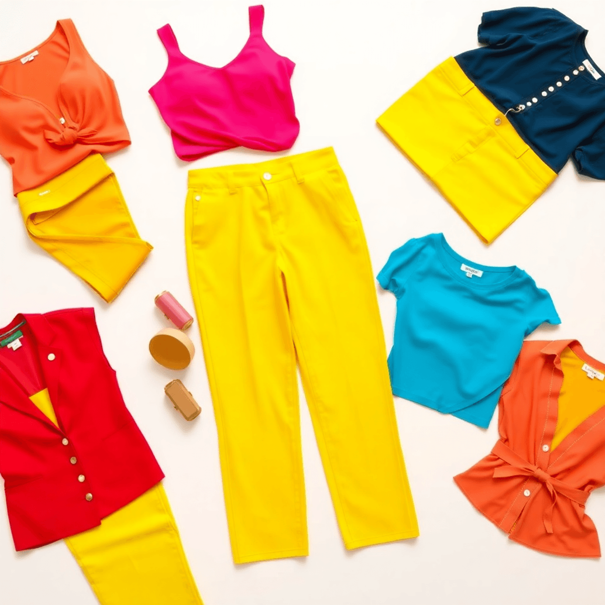 Tata letak datar dari celana kuning cerah dengan atasan berwarna-warni di latar belakang yang terang, menonjolkan kombinasi fashion yang cerah dan ...
