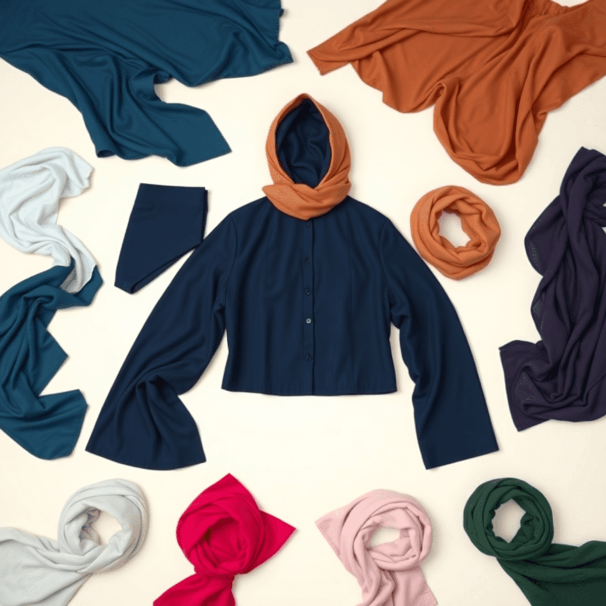 Tata letak datar dari pakaian berwarna biru navy dikelilingi oleh hijab berwarna-warni di latar belakang yang terang, menyoroti kombinasi fashion y...