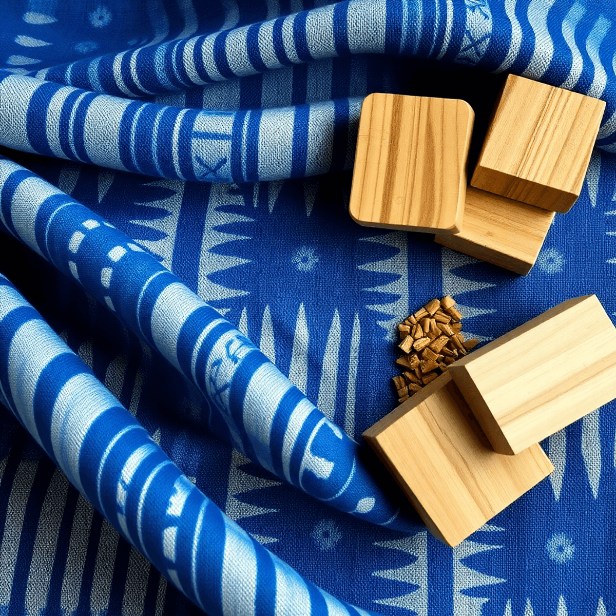 Close-up kain yang diwarnai dengan indigo dengan pola geometris Itajime Shibori, menunjukkan tekstur alami dan nuansa biru tua, bersama dengan blok...