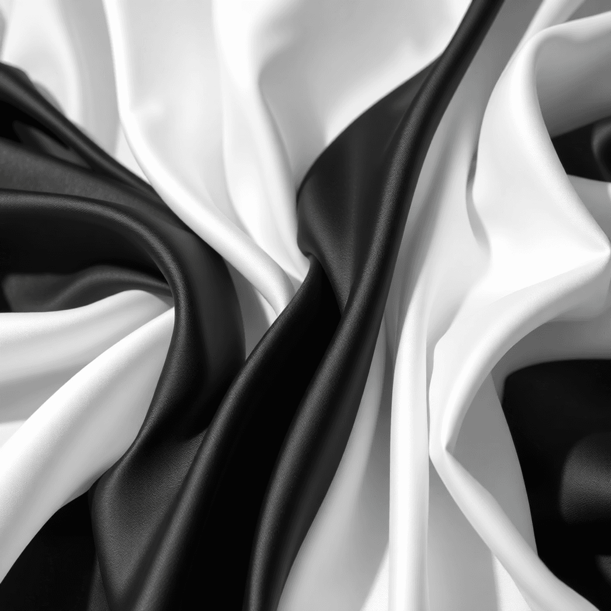 Gambar close-up dari kain mewah hitam dan putih yang mengalir dengan anggun, menonjolkan tekstur dan kelembutan dengan pencahayaan alami yang lembu...