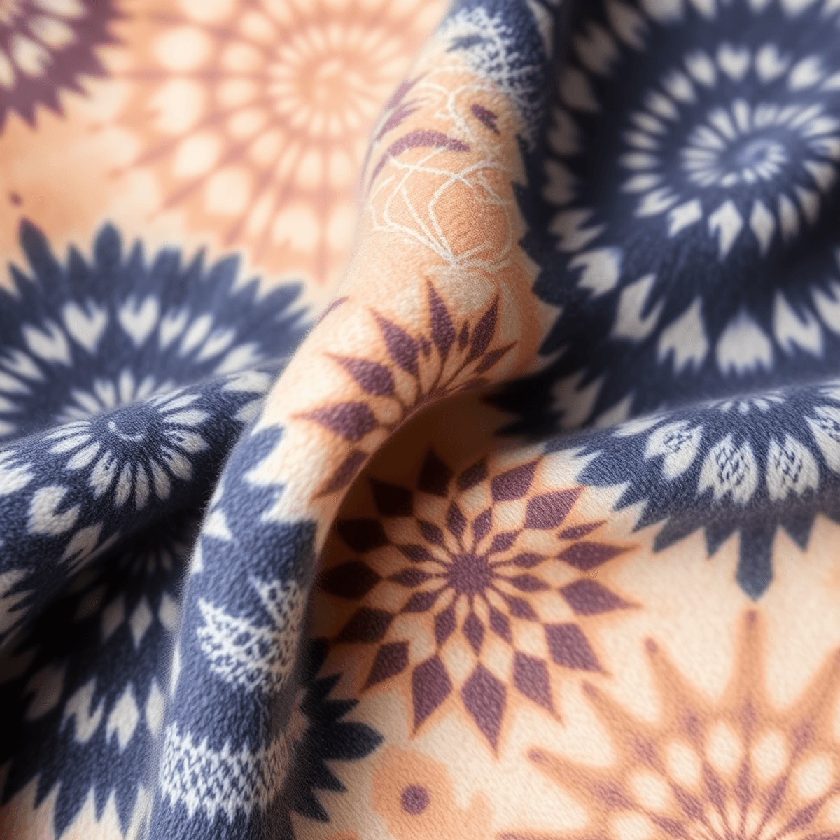 Kedekatan kain fleece lembut dengan pola melingkar Kumo Shibori yang rumit dalam warna gradasi alami, menampilkan tekstur dan efek tiga dimensi.