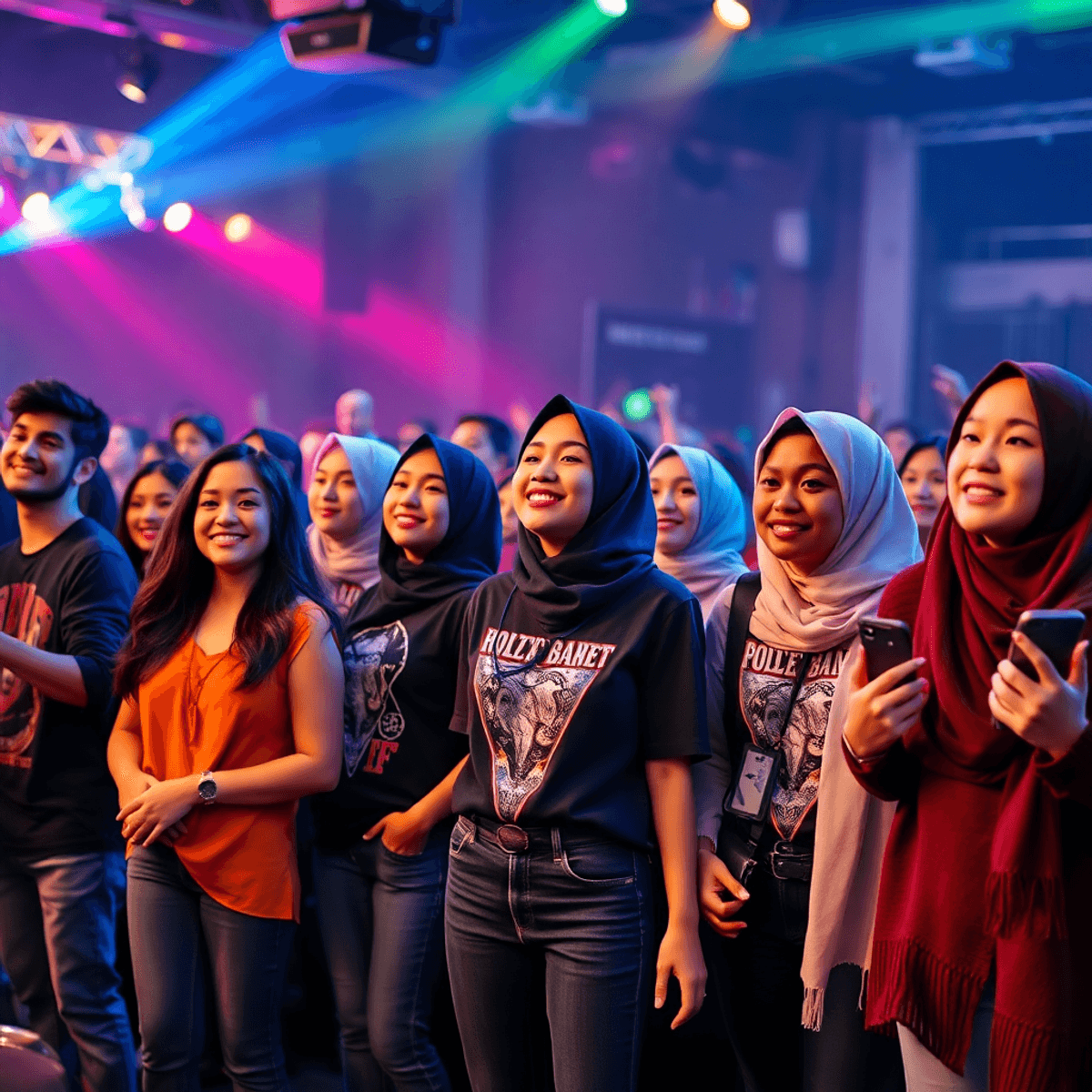 Sebuah konser dalam ruangan yang meriah dengan penggemar muda yang mengenakan pakaian modis menikmati musik di bawah lampu panggung berwarna-warni.