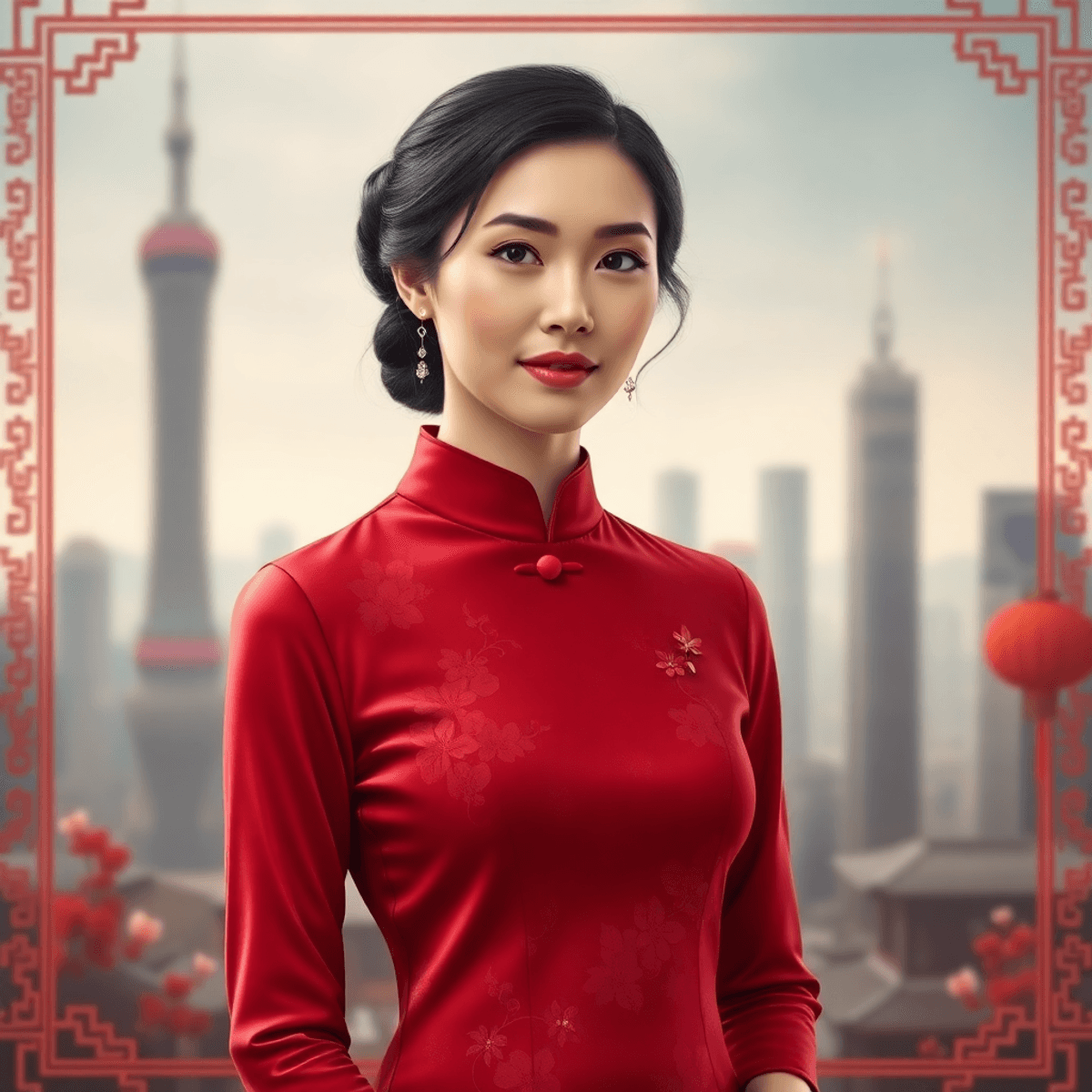Seorang wanita dalam cheongsam merah dengan kerah mandarin berdiri di depan latar belakang yang kabur yang menggabungkan pola tradisional Tiongkok ...