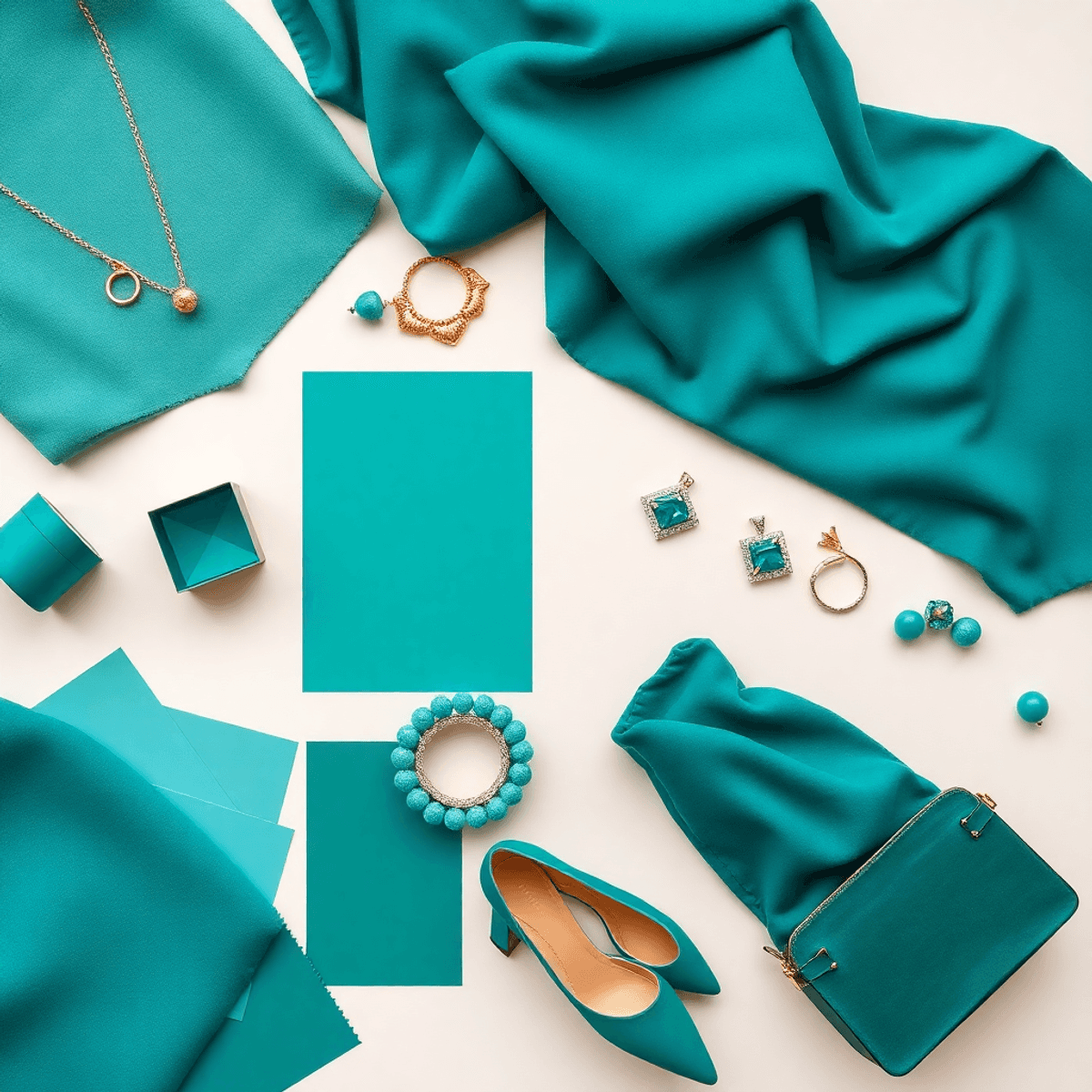 Tata letak datar dari barang-barang mode teal, kain, sampel warna, dan aksesori yang disusun di atas latar belakang netral, menampilkan nuansa biru...