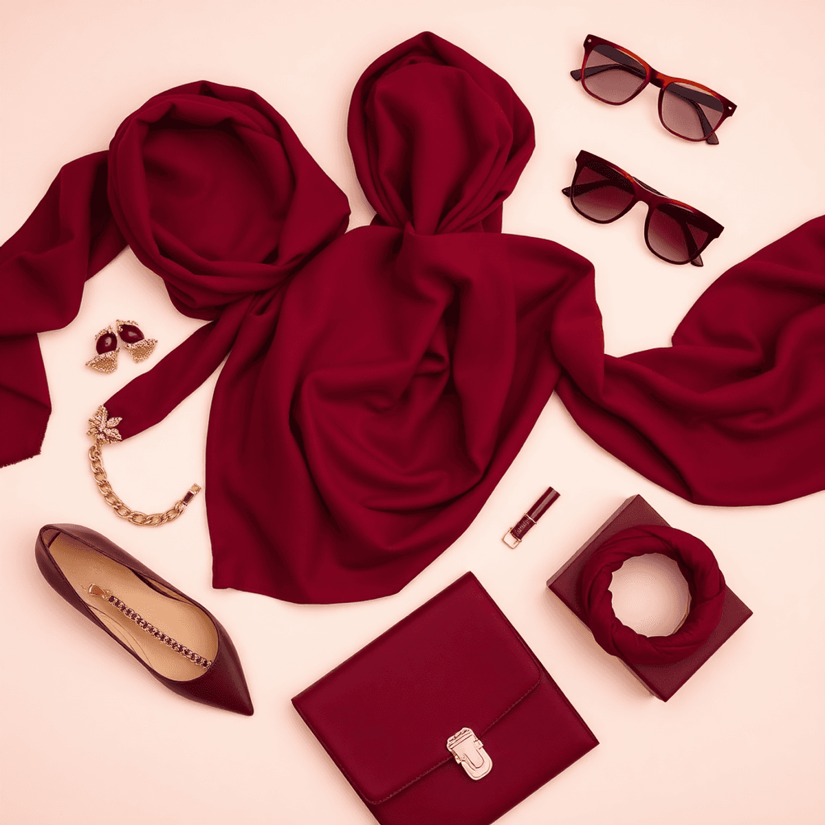 Tata letak datar dari hijab burgundy elegan dan aksesori yang cocok di latar belakang lembut, menampilkan nuansa merah tua yang kaya dan elemen mod...