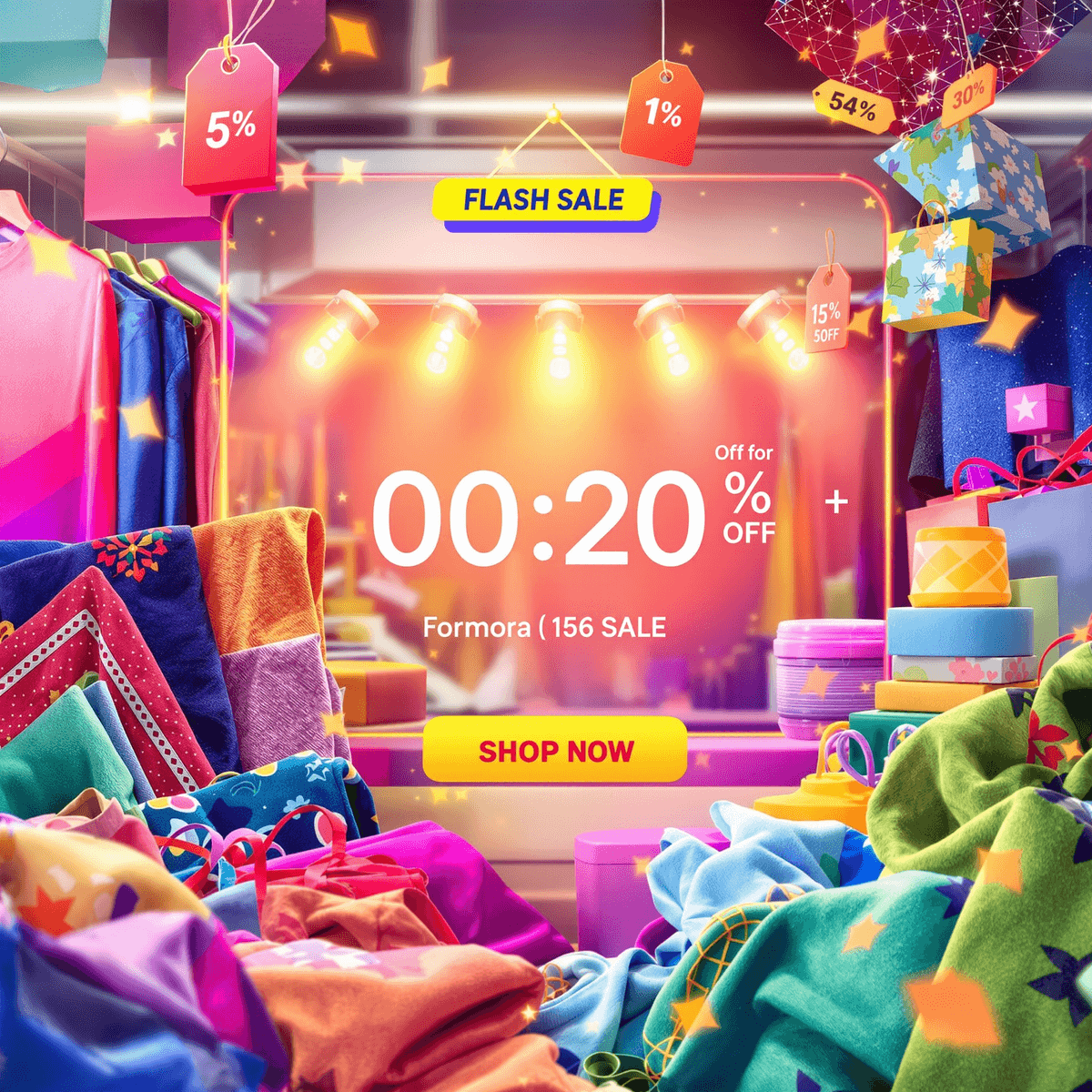 Adegan belanja digital dengan timer hitung mundur, label diskon cerah, serta kain dan pakaian berwarna-warni untuk acara penjualan kilat.