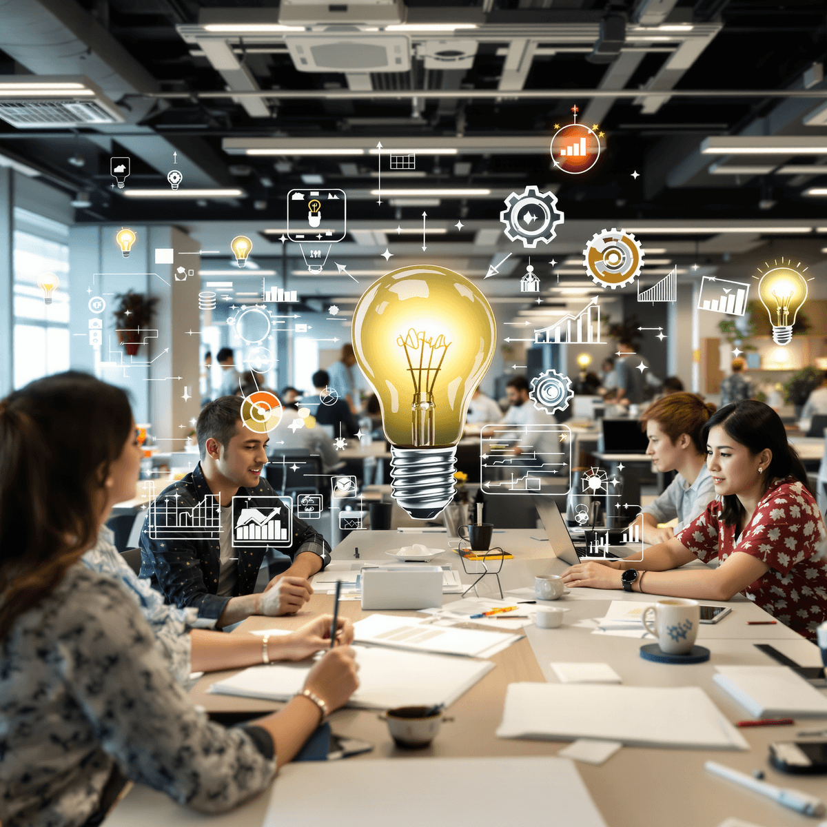Adegan kantor modern dengan para profesional yang berkolaborasi di tengah simbol-simbol inovasi seperti bola lampu, roda gigi, dan grafik digital, ...