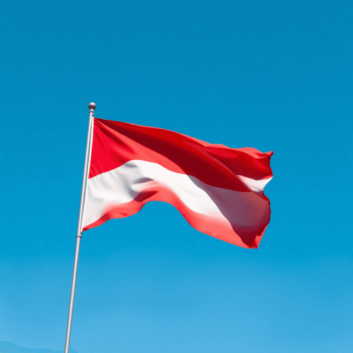 Bendera Indonesia berkibar di bawah langit biru yang cerah dengan pola tradisional di latar belakang, melambangkan keberanian dan kemurnian.