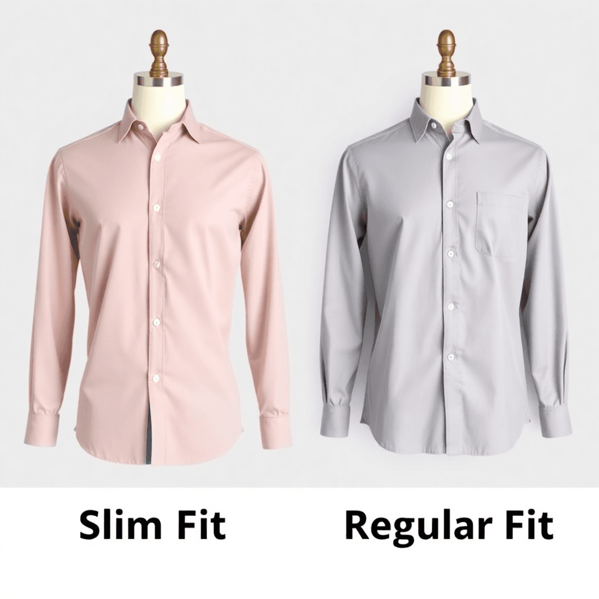 Gambar berdampingan dari kemeja pria slim fit dan regular fit yang dikenakan oleh manekin di latar belakang netral, menyoroti gaya modern versus kl...