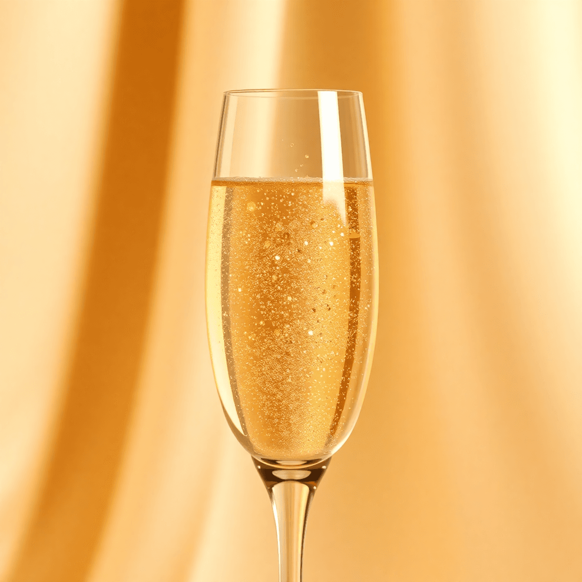 Gambar close-up dari gelas champagne berkilau yang bersinar dengan nuansa hangat emas dan beige di latar belakang berwarna krim yang halus.