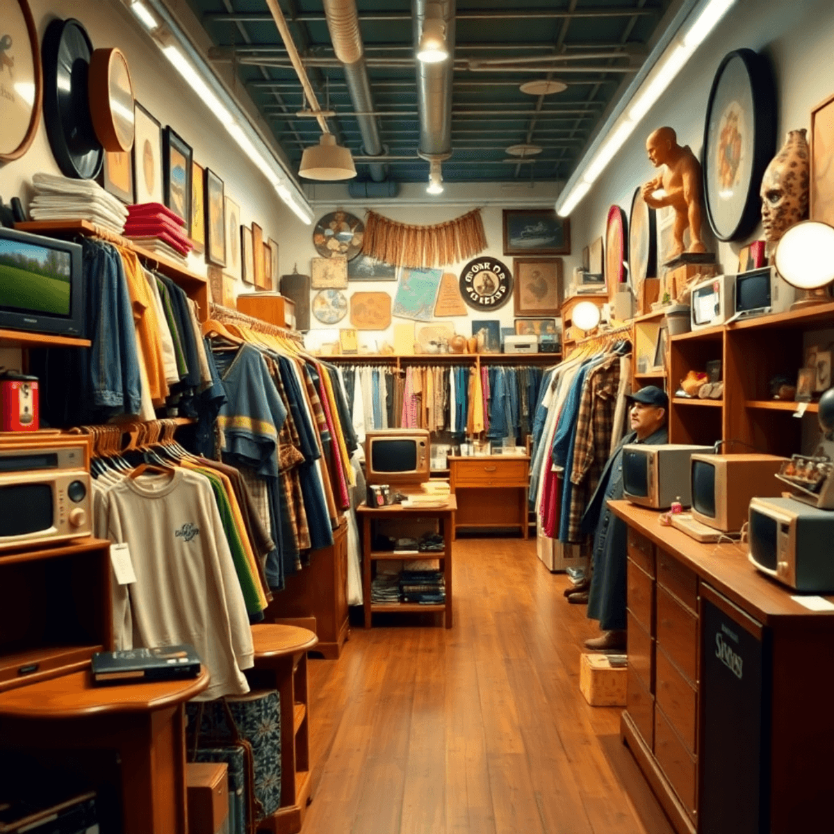 Interior toko thrift yang berwarna-warni dengan pakaian vintage, elektronik retro, dan furnitur kayu klasik, menonjolkan lingkungan belanja yang be...