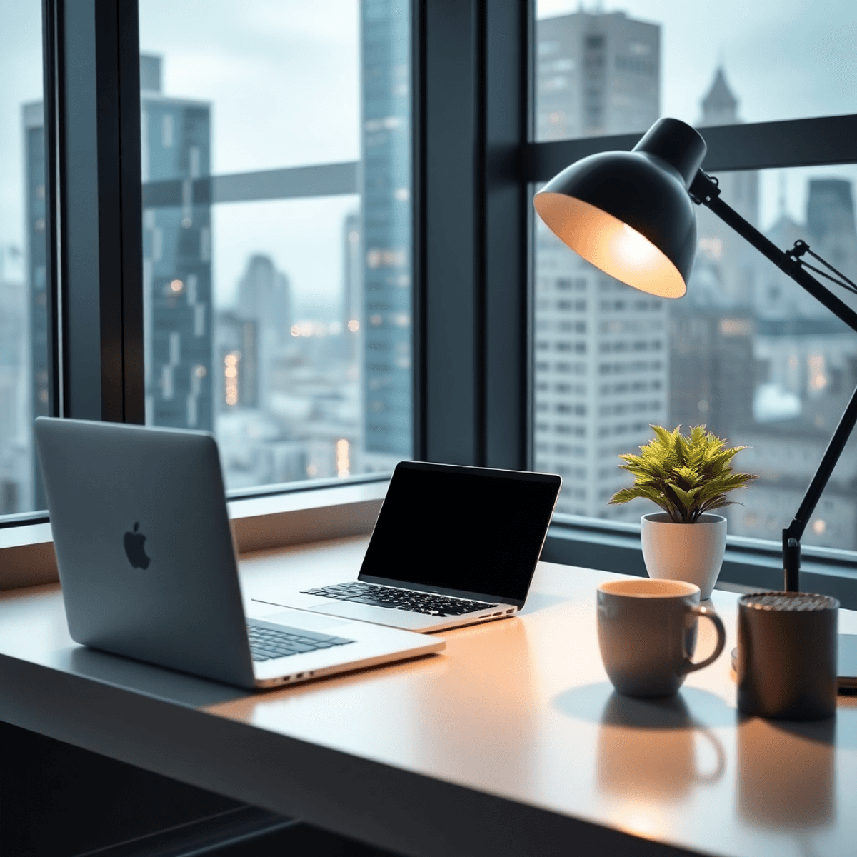 Kantor rumah modern dengan laptop, smartphone, dan cangkir kopi di meja dekat jendela yang menghadap ke pemandangan kota, mewakili pekerjaan lepas ...