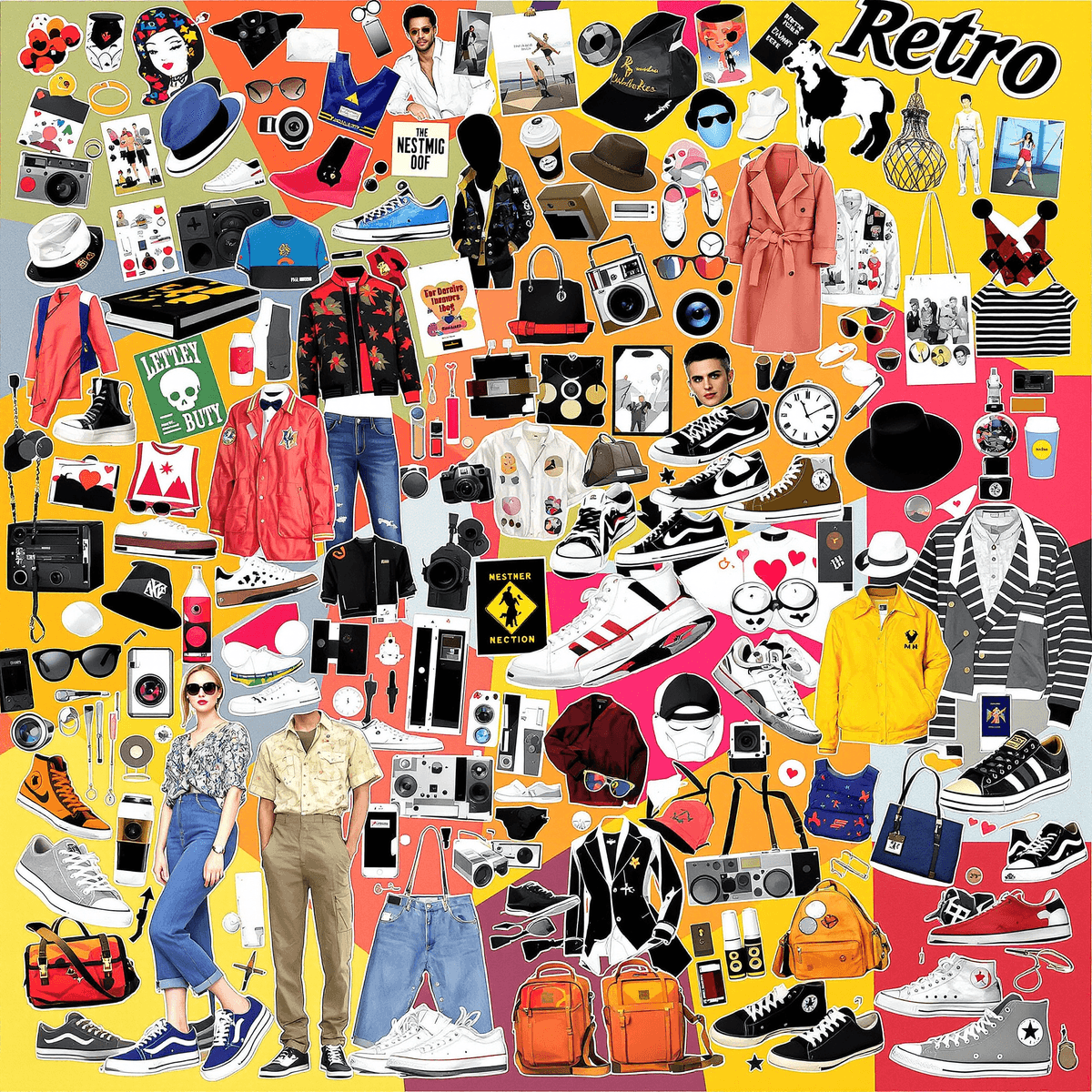 Koleksi fashion retro ikonik dari tahun 1920-an hingga 1980-an dengan sepatu sneakers klasik, pakaian vintage, dan aksesori nostalgic di latar bela...