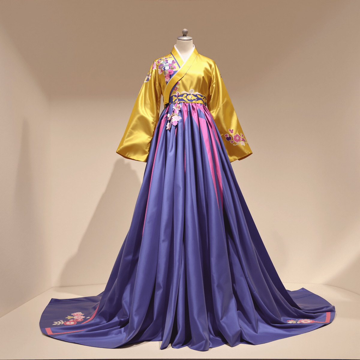 Mannequin yang mengenakan hanbok tradisional Korea yang cerah dengan warna-warna cerah dan garis-garis mengalir di latar belakang yang lembut dan t...