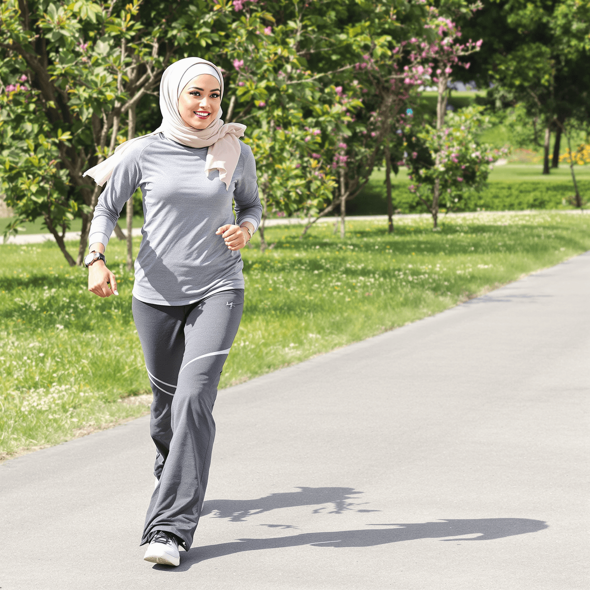 Seorang wanita yang mengenakan pakaian jogging sederhana dan hijab sedang berlari di luar ruangan di taman yang cerah, mengenakan pakaian olahraga ...