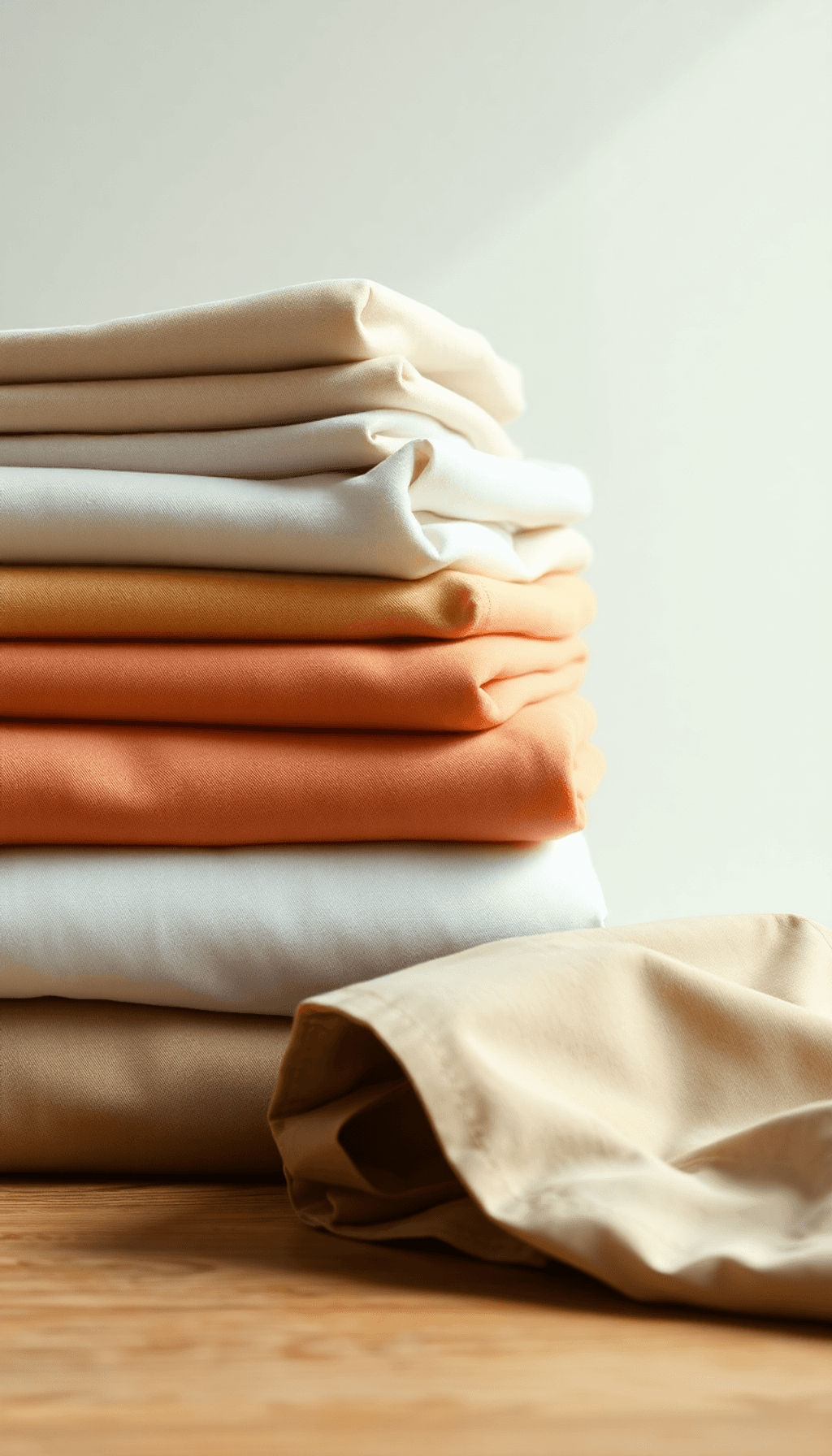 Tumpukan kain katun lembut yang dilipat dalam nuansa alami dengan celana chino katun pria di atas permukaan kayu, disorot oleh cahaya alami yang le...