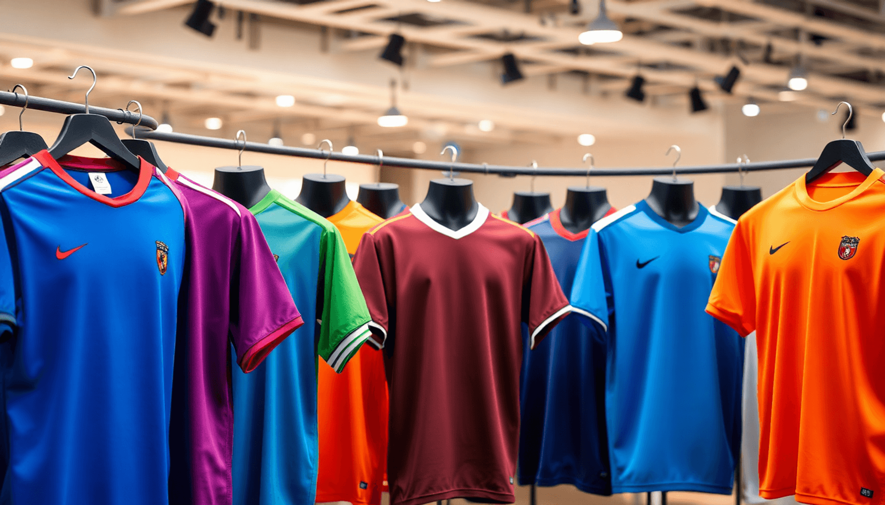 Jersey olahraga berwarna-warni di gantungan dan manekin dengan bentuk abstrak yang melambangkan kerja sama tim, ditempatkan di latar belakang acara...
