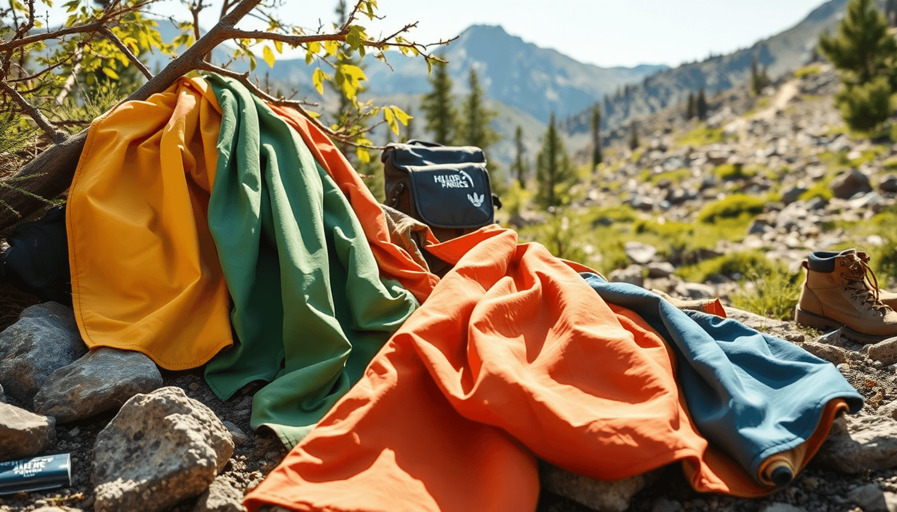 Kain hiking berwarna-warni tergantung di atas batu dan cabang, dengan ransel, sepatu bot, dan jalur pegunungan dalam cahaya alami yang cerah menunj...
