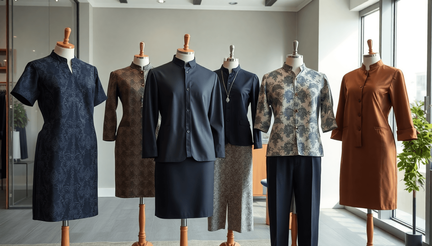 Manekin dalam seragam batik modern dengan nuansa navy, krim, arang, perak, dan cokelat di kantor yang cerah menampilkan tekstur kain dan pola tradi...