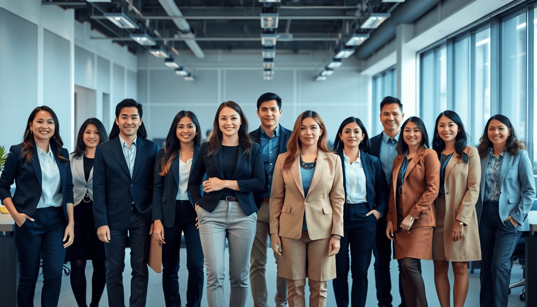 Kantor modern dengan para profesional yang mengenakan seragam terkoordinasi dalam warna navy, arang, dan khaki, menampilkan kerja sama tim dan gaya...