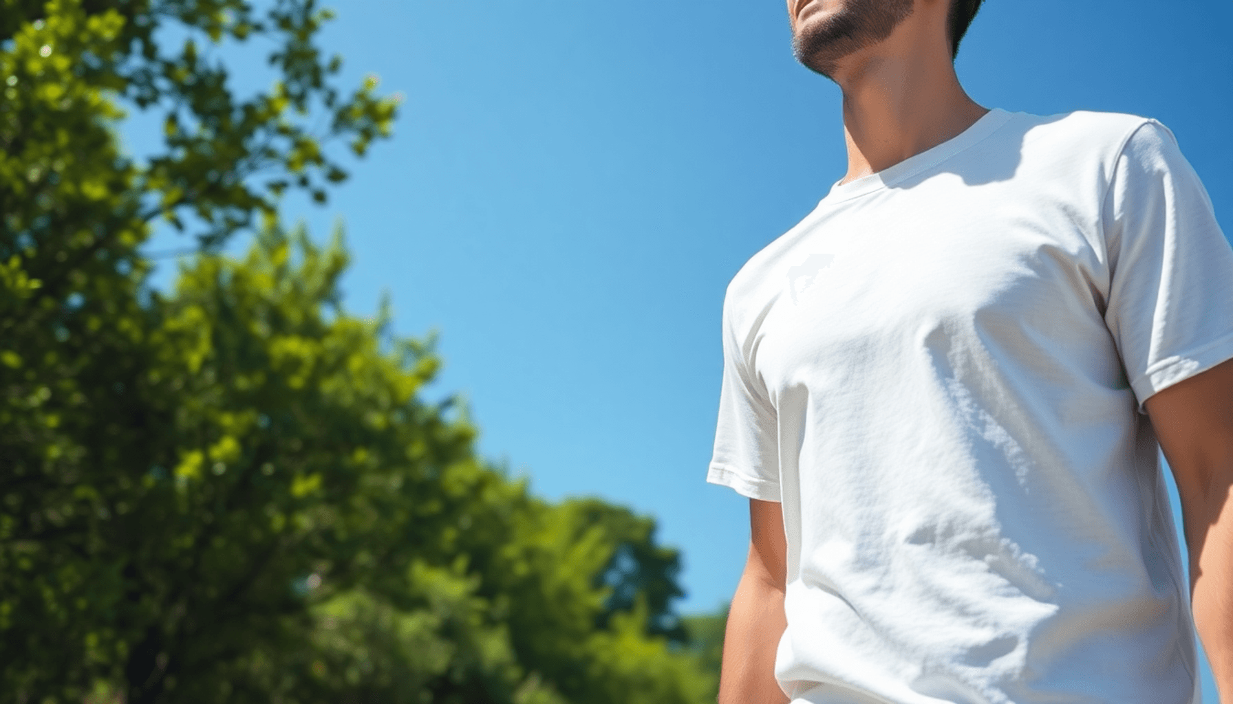 Orang yang sedang hiking di luar ruangan pada hari yang cerah mengenakan kaos katun yang lembut dan bernapas dikelilingi oleh pohon-pohon hijau dan...