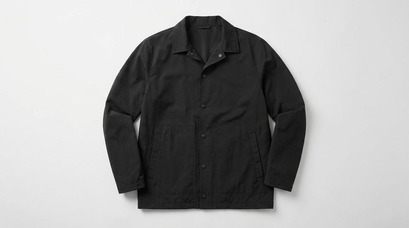 jaket coach warna hitam dengan kerah snap-button dan saku tempel
