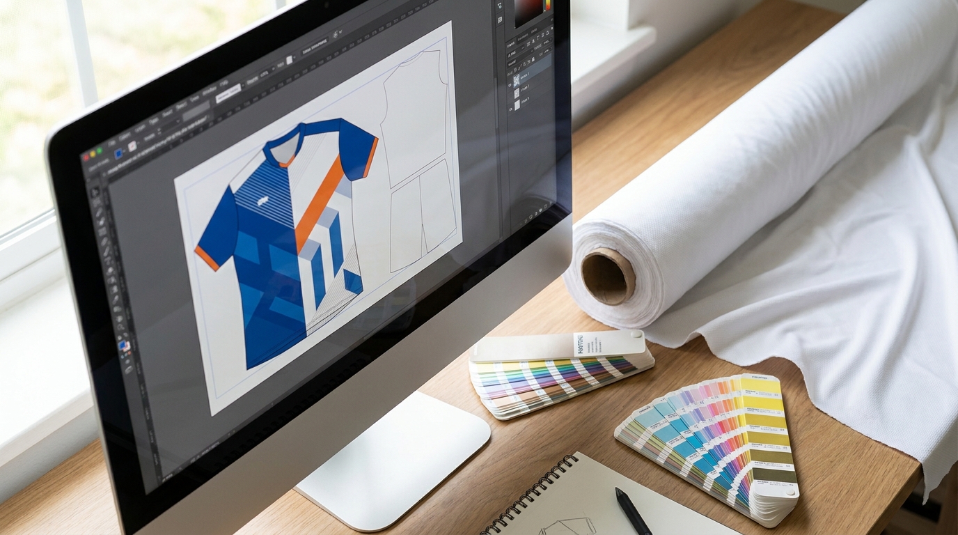 meja kerja desain jersey dengan mockup di layar dan kain jersey putih