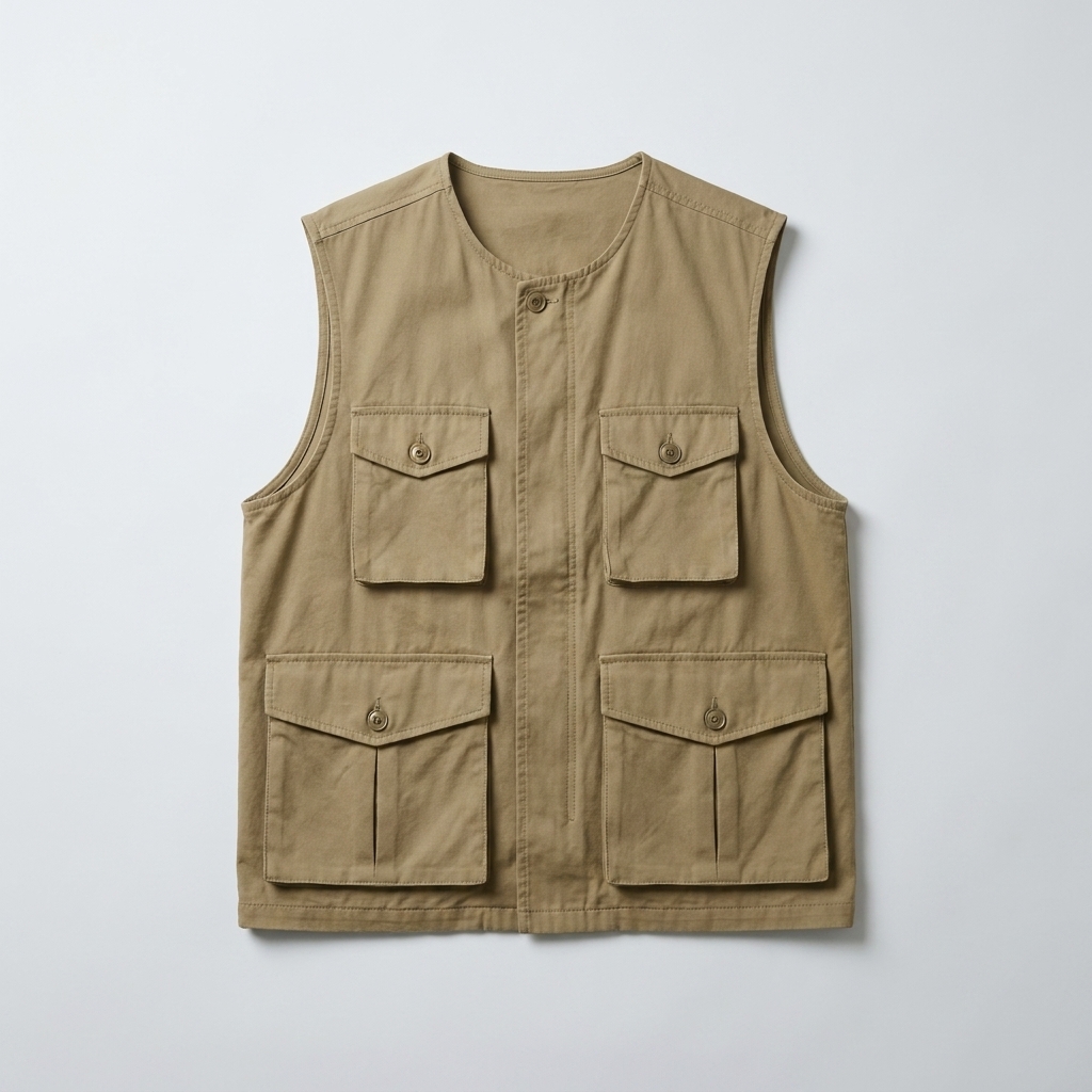 rompi outdoor warna khaki dengan beberapa saku tergeletak datar