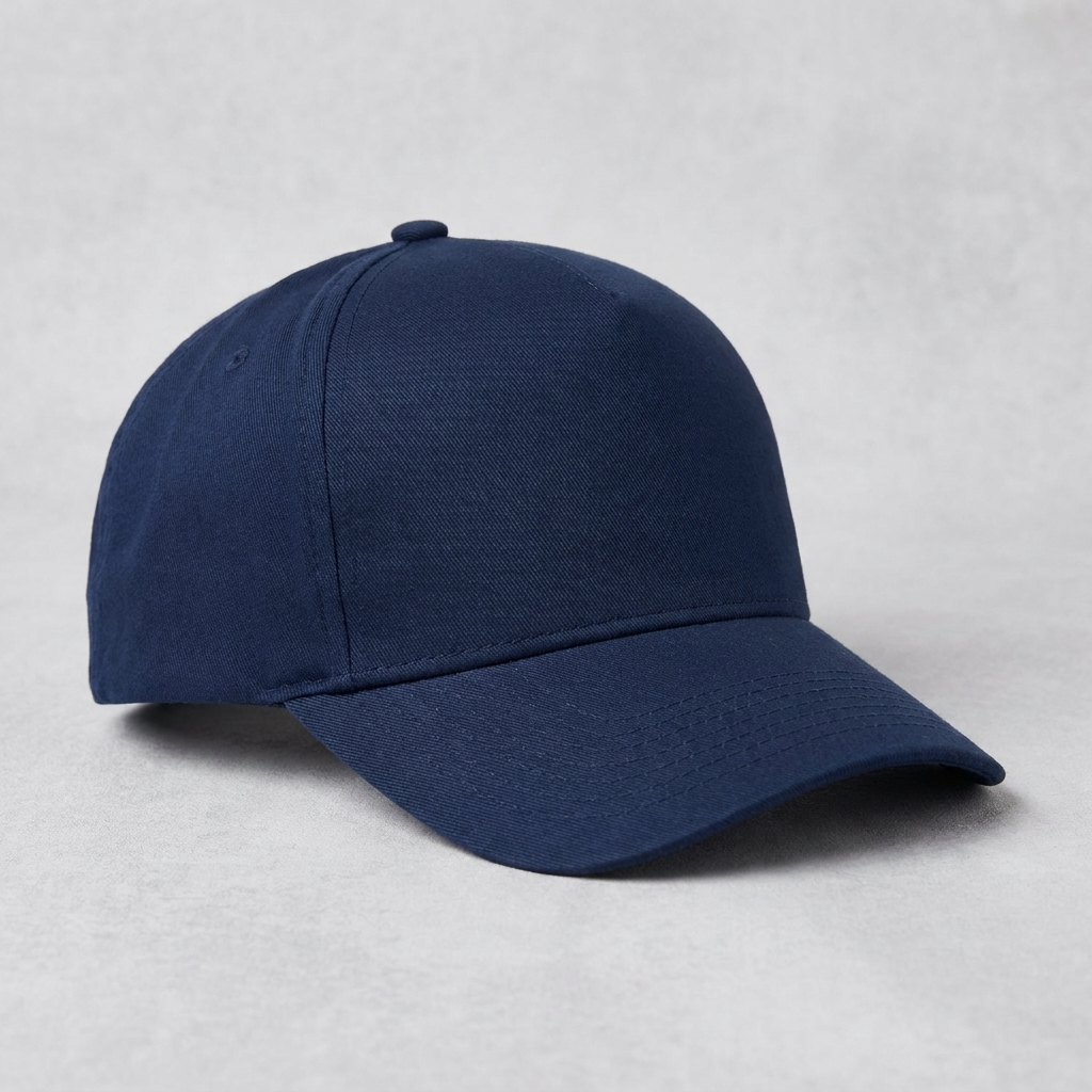 topi baseball polos warna gelap tampak dari sisi depan