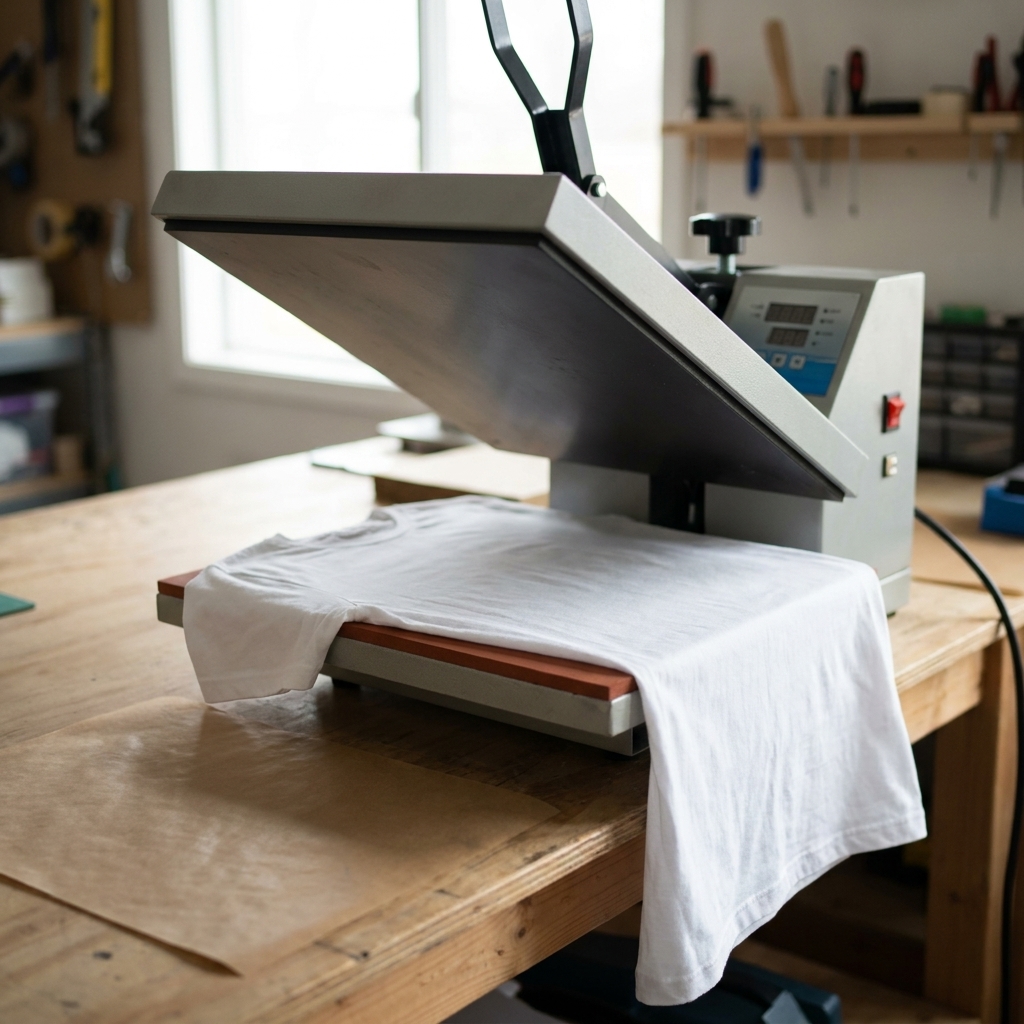 mesin heat press terbuka dengan kaos putih di alasnya