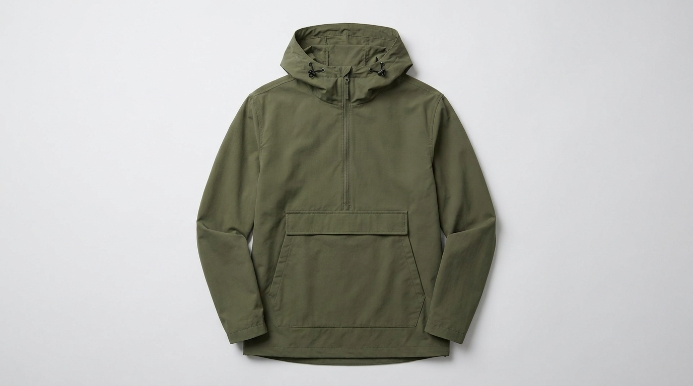 jaket anorak dengan resleting setengah dan saku kangaroo di perut
