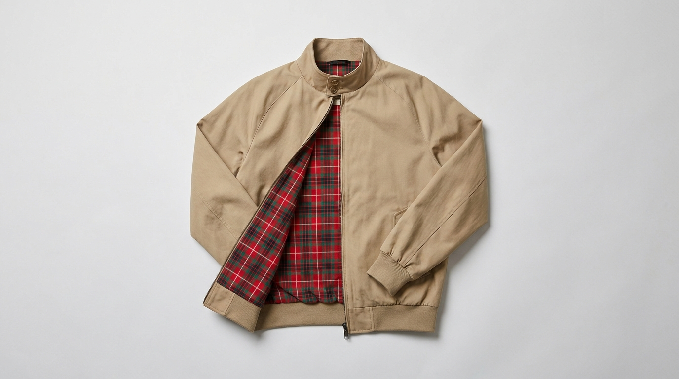 jaket harrington warna khaki terbuka memperlihatkan lining bermotif kotak