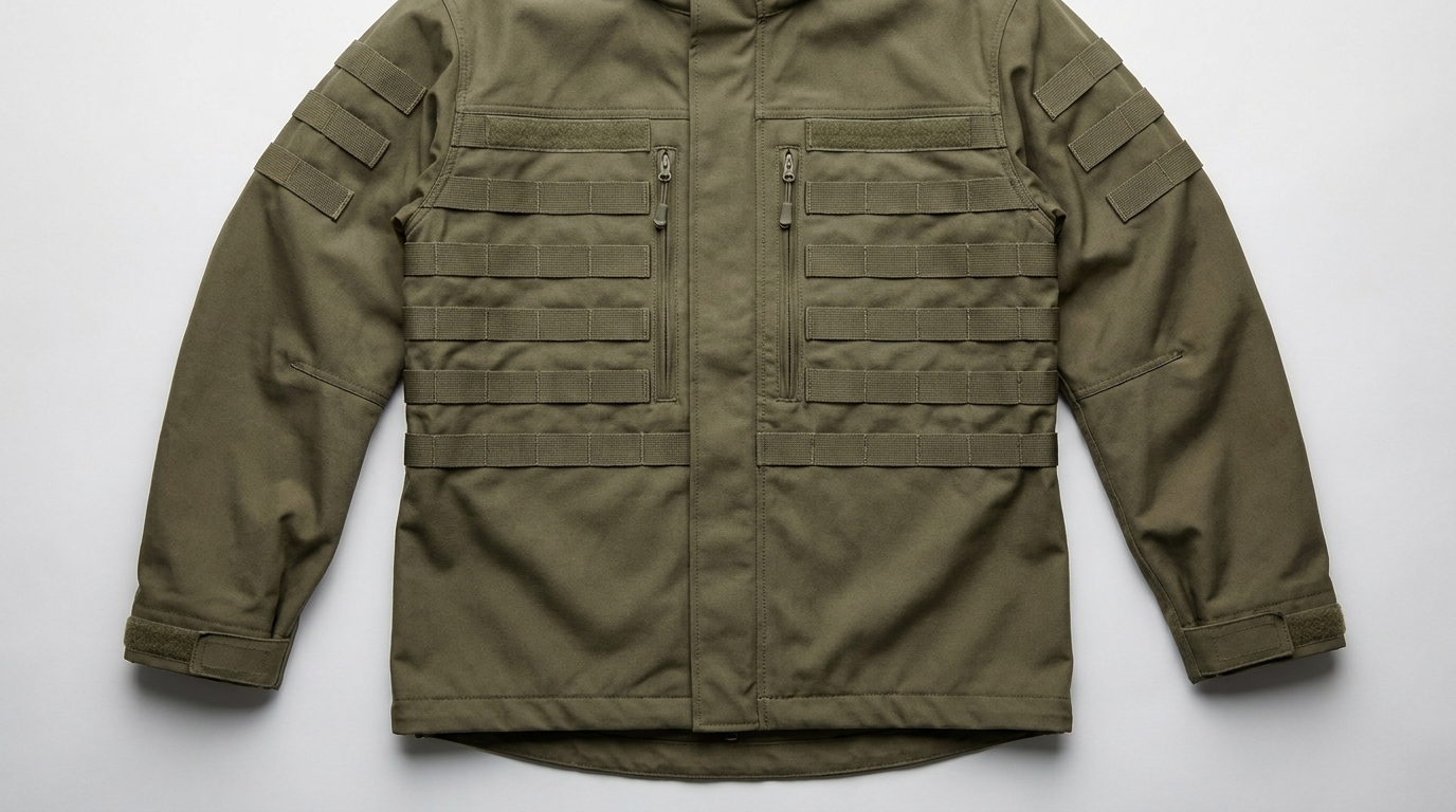 jaket tactical hijau gelap dengan baris webbing MOLLE di bagian dada