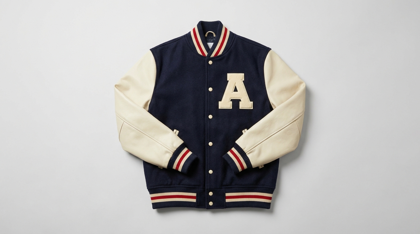 jaket varsity dengan badan navy dan lengan krem berbahan berbeda