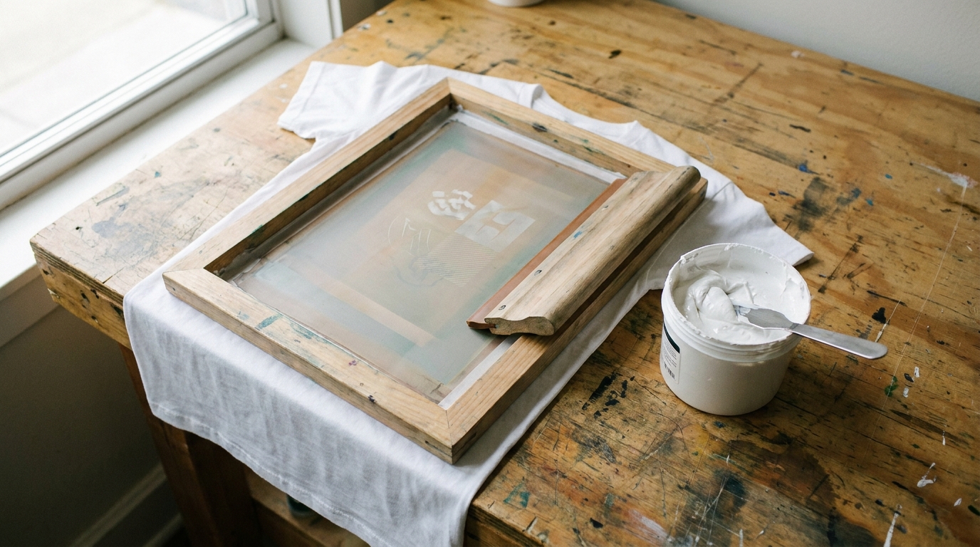 screen sablon dengan tinta rubber dan rakel di atas meja kerja