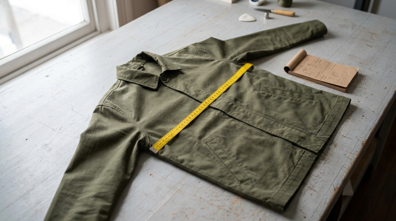 jaket terbentang datar dengan meteran jahit di atasnya