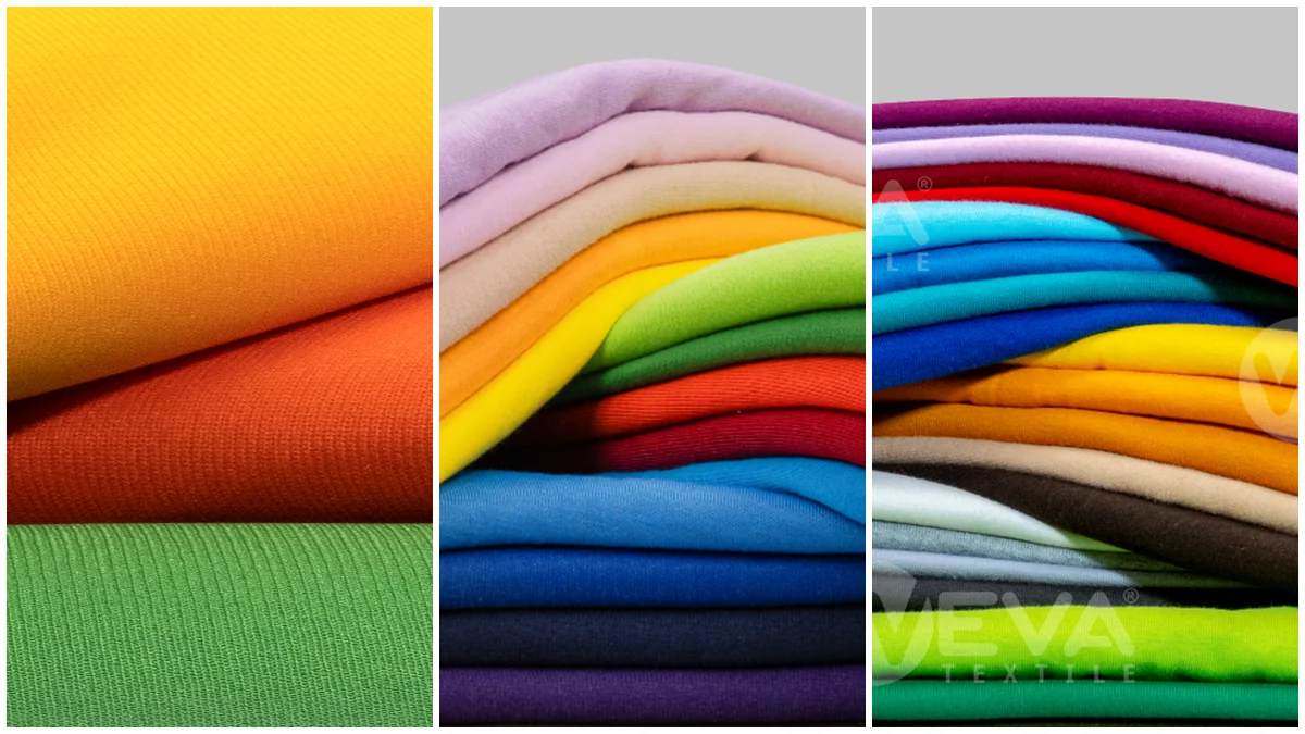 Tiga gulungan kain kaos berdampingan: hyget Nomitex, PE Ralley Single Knitt, dan Softera Cotton