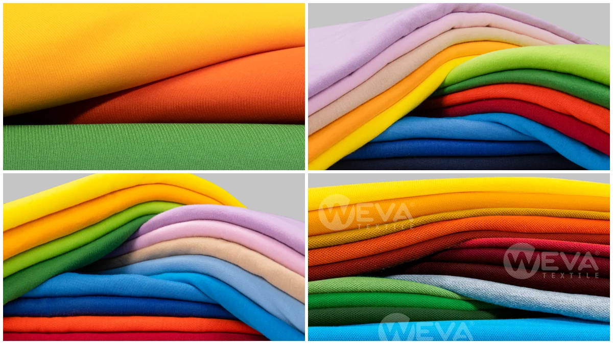 empat gulungan kain kaos Weva dengan warna dan tekstur berbeda disusun berdampingan
