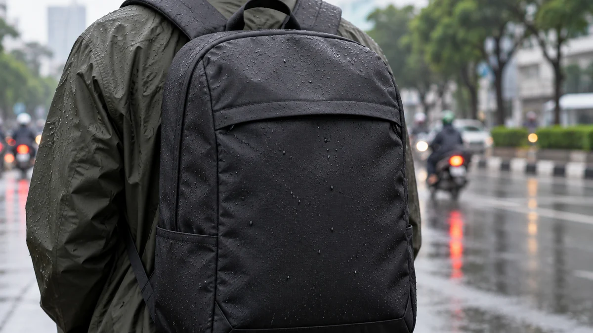 ransel hitam dari kain berlapis di bawah hujan, butiran air menggumpal di permukaan kain