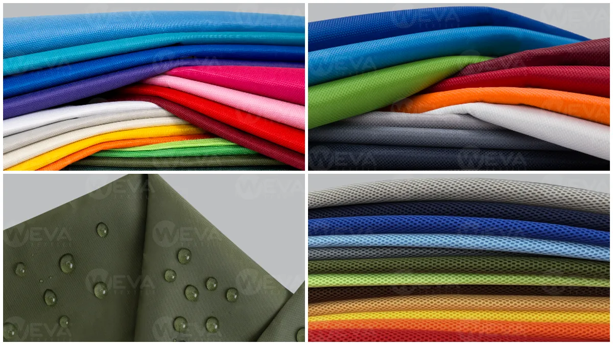 susunan potongan kain dinir 600D, cordura PVC, furing tafeta, dan kain jala untuk ransel