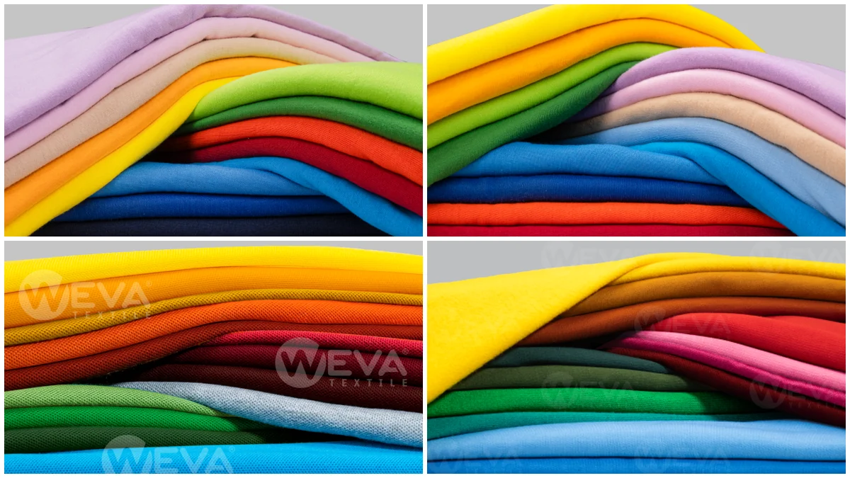 Empat gulungan kain rajut berdampingan: single knit, double knit, lacos pique, dan fleece