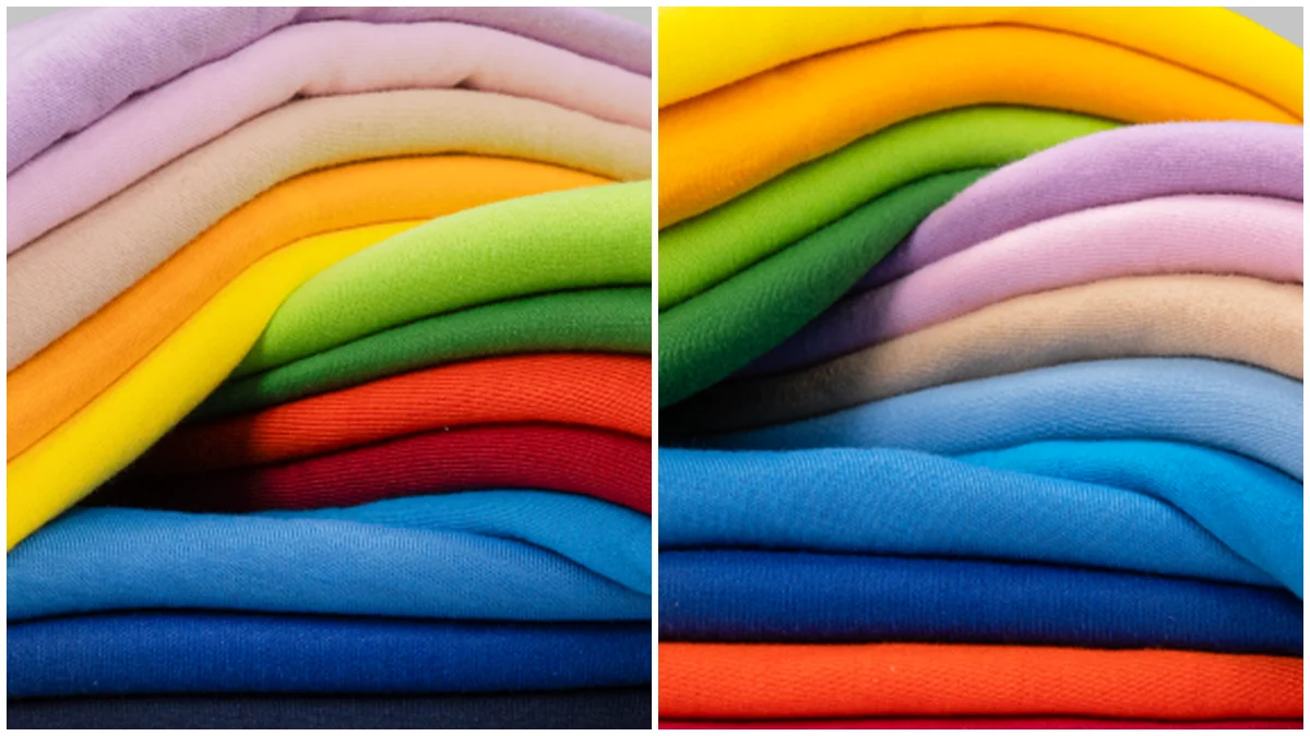 Potongan kain single knit dengan tepi menggulung di samping kain double knit yang tepinya rata